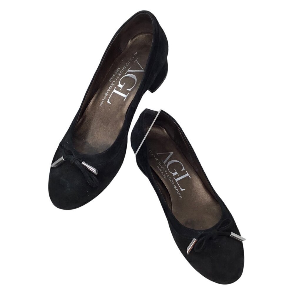AGL Kristin Bow Tie Black Suede Leather Pumps Block Heel  EU 35 US 5 Made Italy